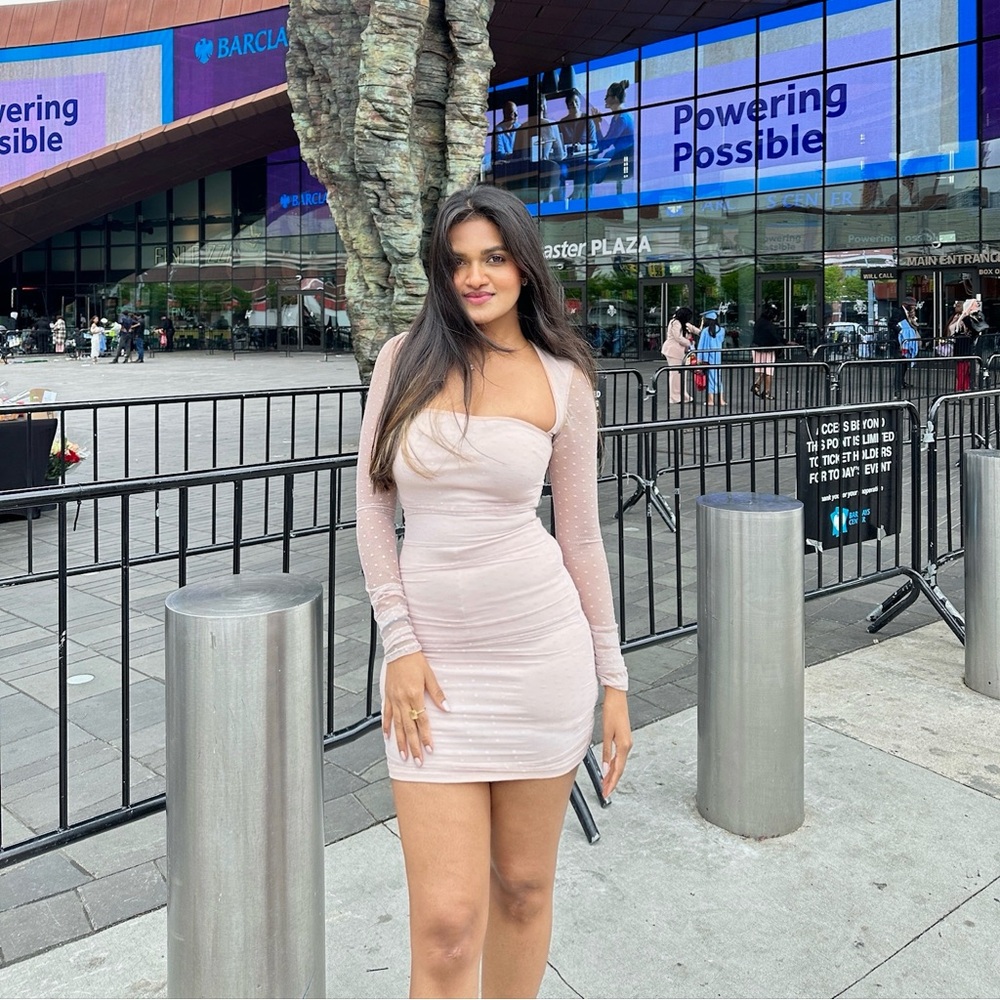 Lucy in the sky nude pink long sleeve ruched dress